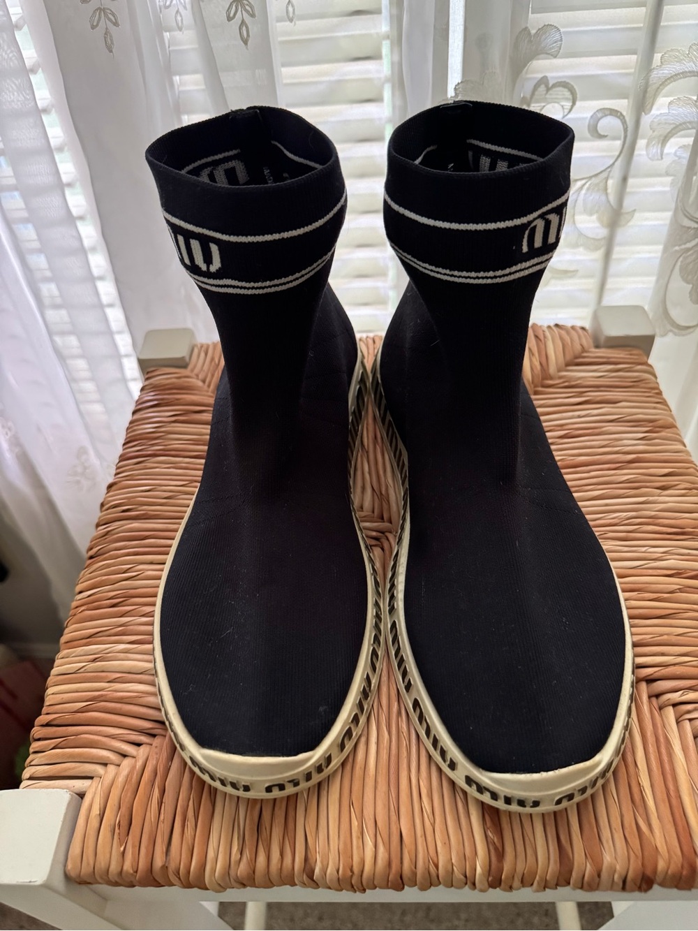 Miu Miu Black Knit Sock Sneakers with White Trim